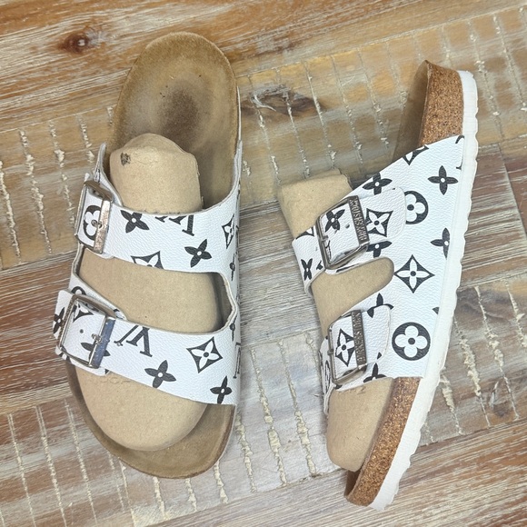 Birkenstock Shoes - Birkenstock Custom White and Black Patterned Two-Strap Sandals